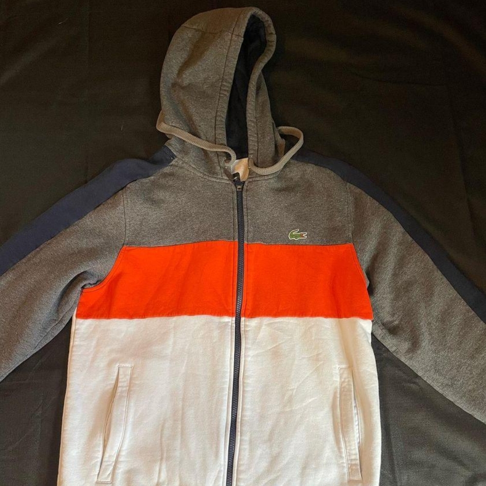 Lacoste Sport Mens Medium Multicolor Zip-Up Hoodie Gray/Orange/White